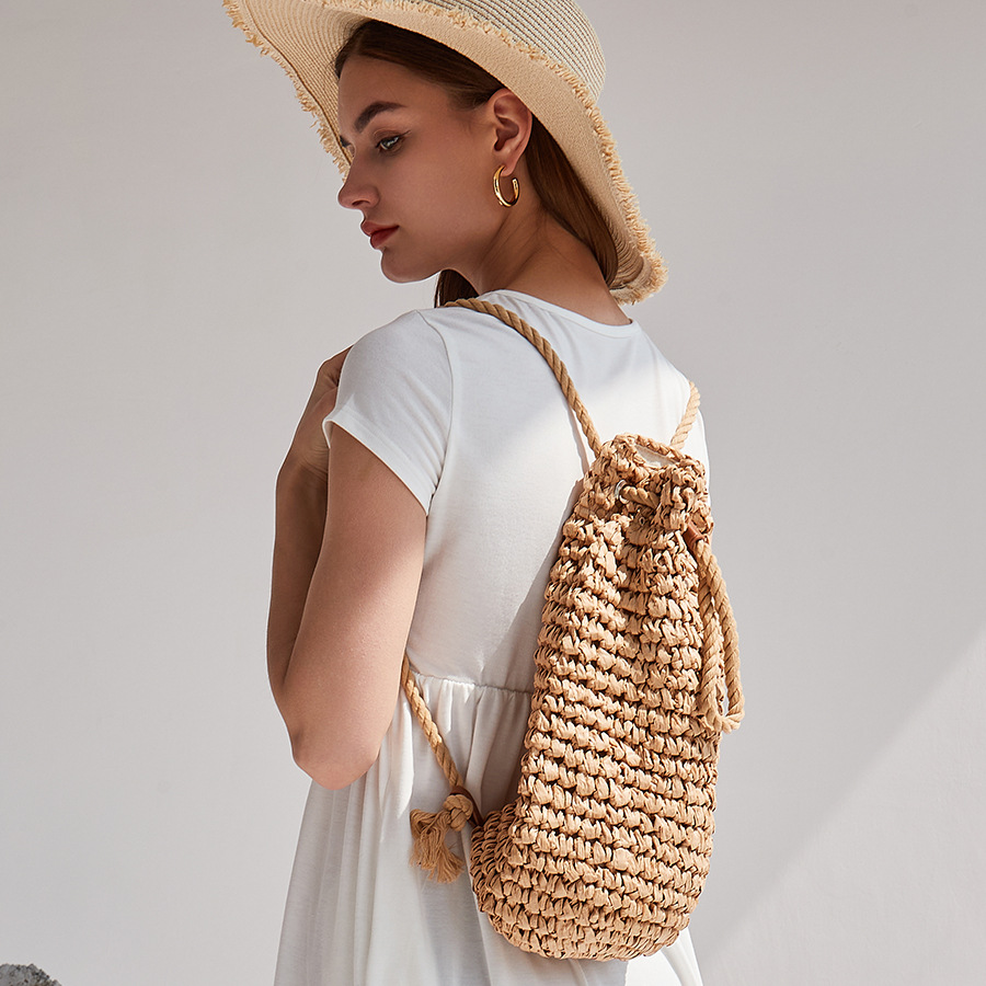 Women'S Raffia Bags - 手作り巾着ビーチショルダーバッグ ラフィア ラタン織りトラベルハンドバッグ バリ レディースバックパック 夏用ストローバックパック