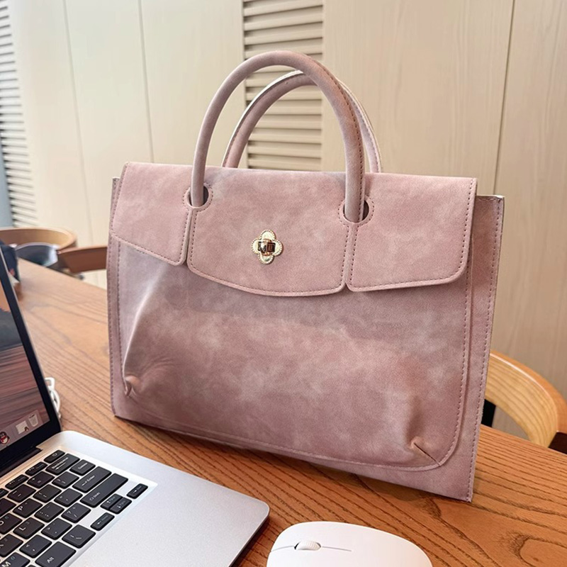 Women Hand Bags For Office - エレガントなピンクのPUレザーラップトップトートバッグ、花柄のターンロック付きトップハンドルワークハンドバッグ、女性用オフィスや日常使いに