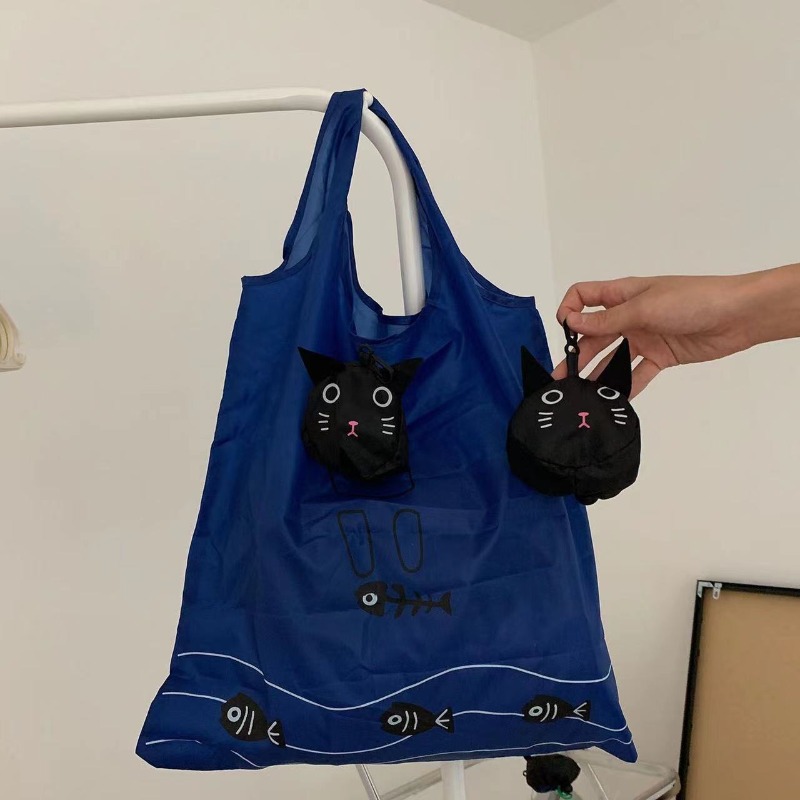 Women'S Young Bags - かわいい黒猫の折りたたみ式再利用可能なショッピングトートバッグ。猫の形をした収納ポケット付き。撥水性のあるポリエステル生地を使用。大容量で、若い女性の買い物や旅行に最適なハンドバッグ。再利用可能なショッピングバッグ。