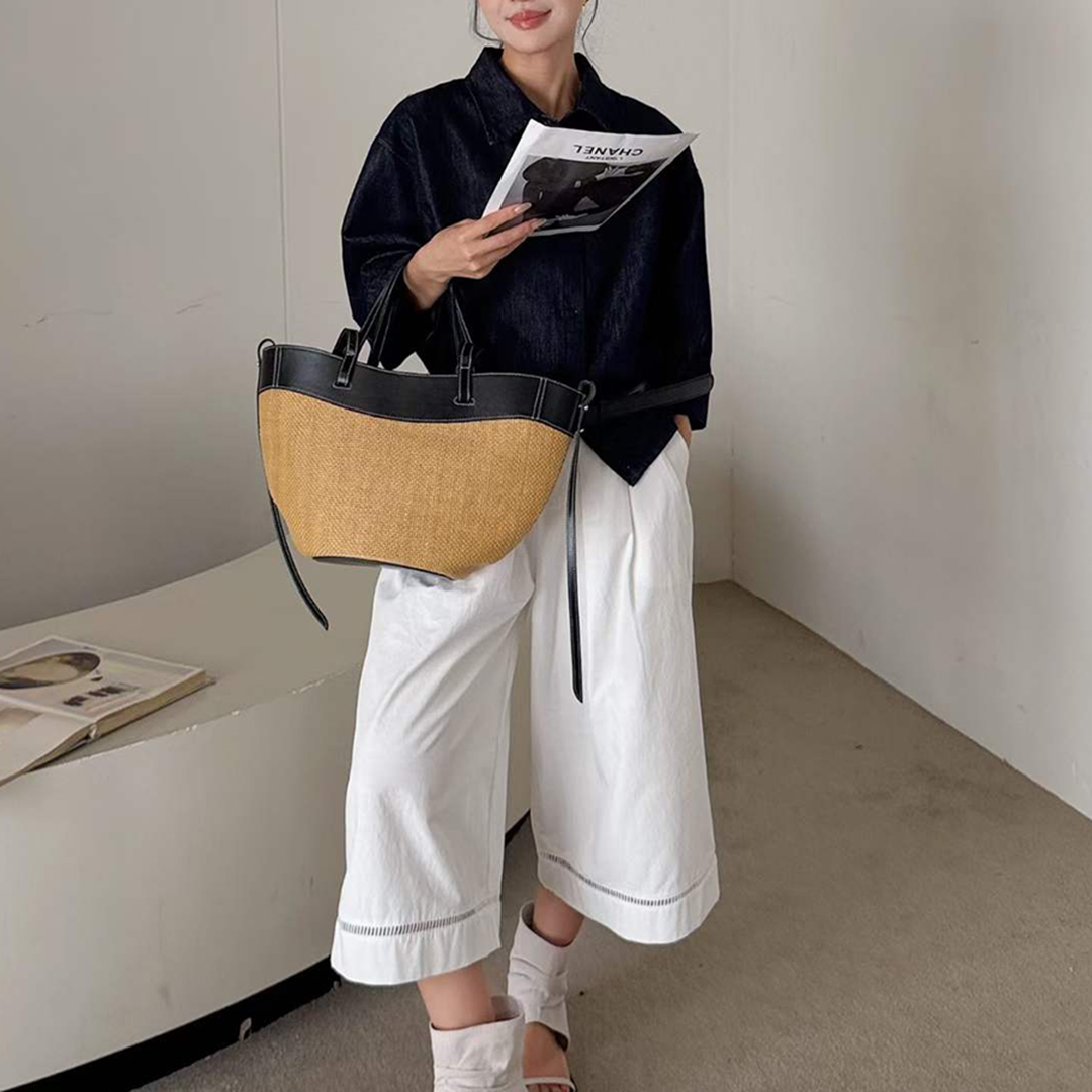 Women'S Raffia Bags - Mendy 本革ナチュラルラフィアトートバッグ女性ミニマリストスプライスデザインオープントップビーチリゾートシック夏多用途新作
