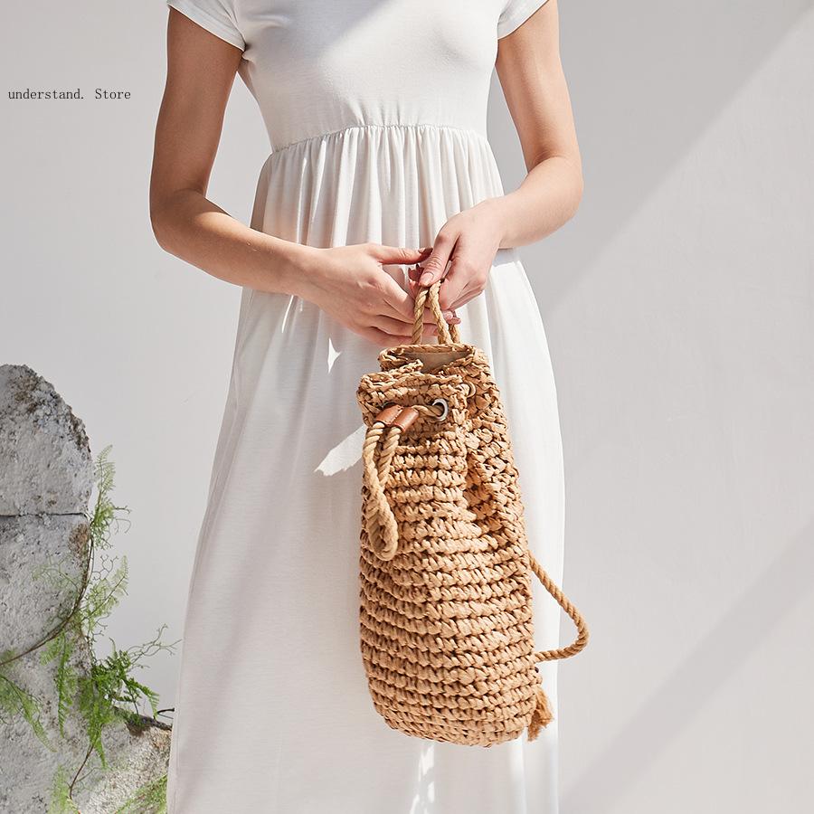 手作り巾着ビーチショルダーバッグ ラフィア ラタン織りトラベ - Women'S Raffia Bags のレビューと価格