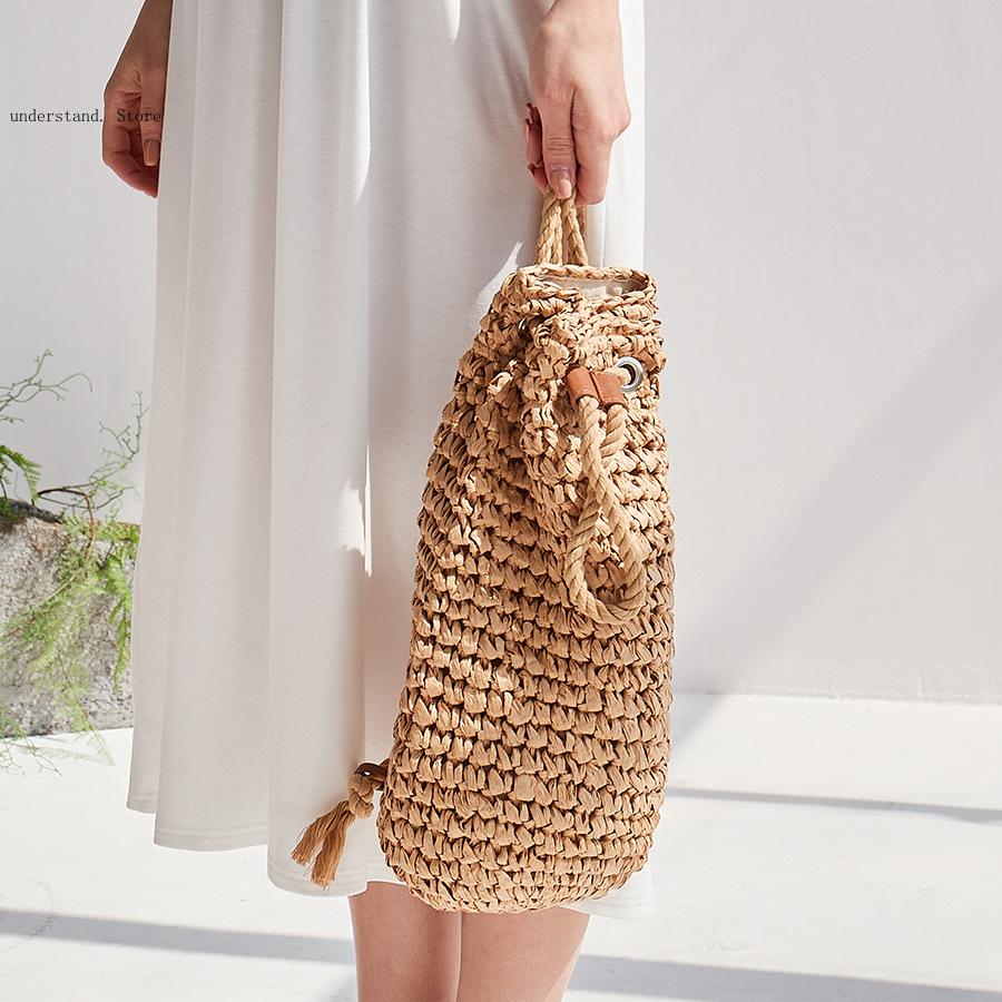 手作り巾着ビーチショルダーバッグ ラフィア ラタン織りトラベ - Women'S Raffia Bags のレビューと価格