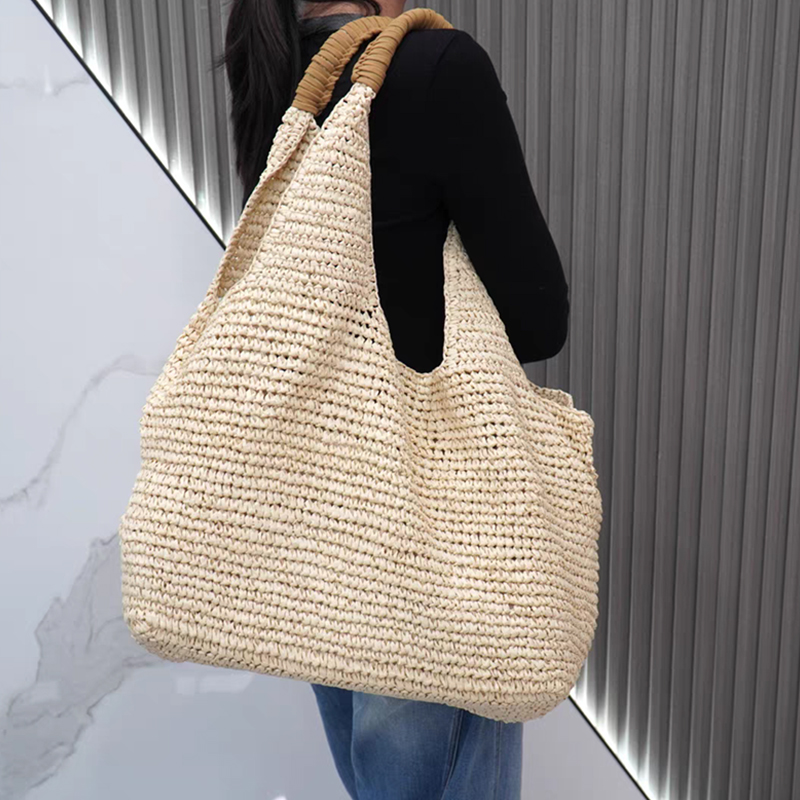 女性用大容量手作りトートバッグ、エレガントな夏のビーチバケー - Women'S Raffia Bags のレビューと価格