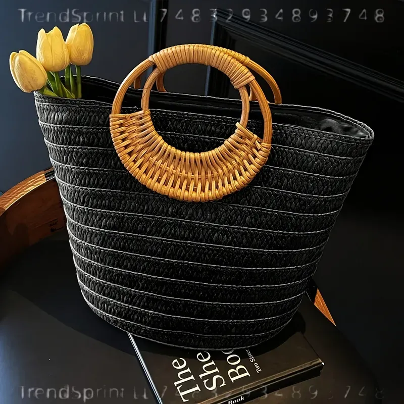 女性用夏用紙製トートバッグ 大容量 無地 丸型木製ハンドル  - Women'S Bags Handbags のレビューと価格
