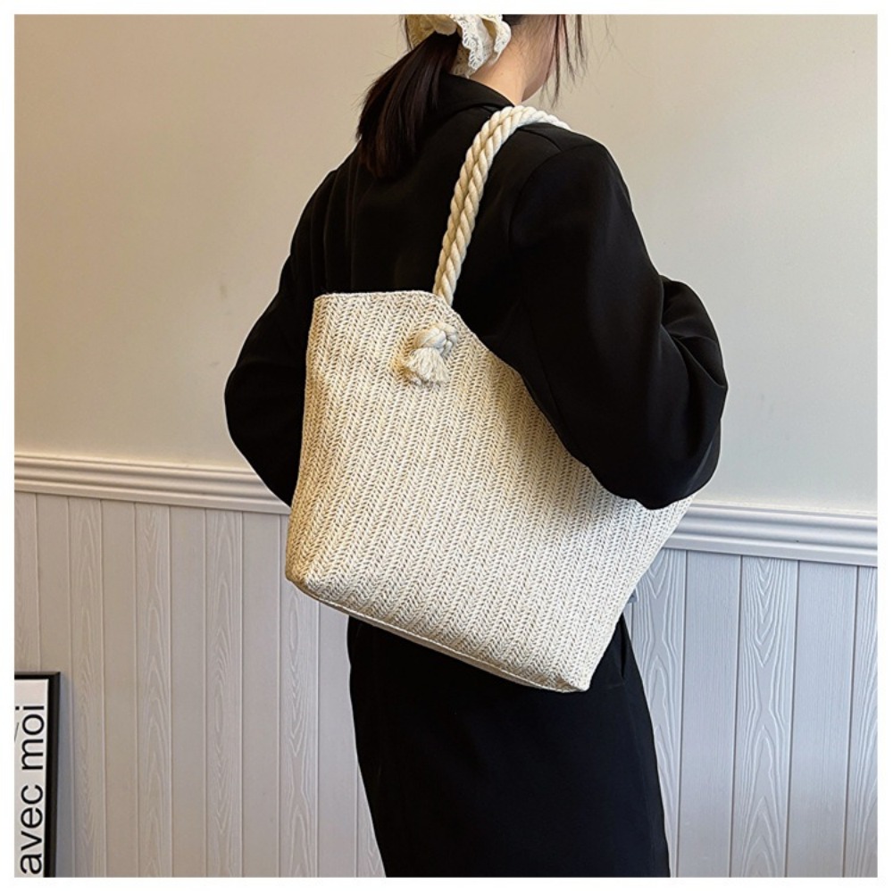 新しい夏のビーチトートバッグ大容量ラフィアボヘミアントップハ - Women'S Raffia Bags のレビューと価格