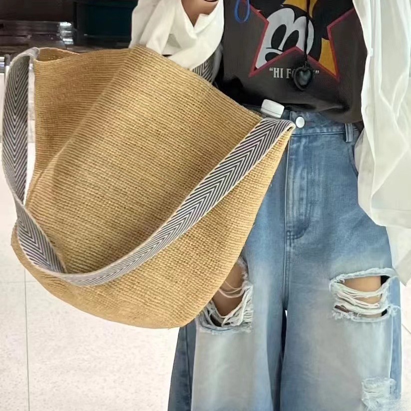 夏ラフィアわらバッグ大容量織ビーチバッグ女性のためのハンドバ - Women'S Raffia Bags のレビューと価格