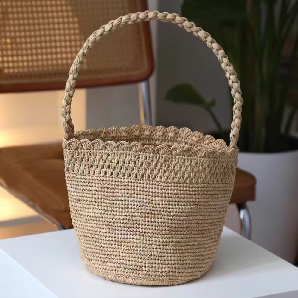 手作りかぎ針編みわらバケツバッグボヘミアンラフィア女性ハンド - Women'S Raffia Bags のレビューと価格