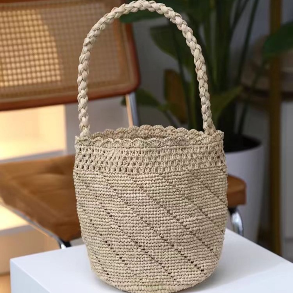 手作りかぎ針編みわらバケツバッグボヘミアンラフィア女性ハンド - Women'S Raffia Bags のレビューと価格